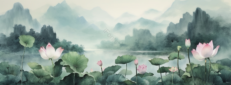 中国风池塘荷花山水画,插画/手绘图,插画/手绘图库,插画/手绘图下载,插画/手绘